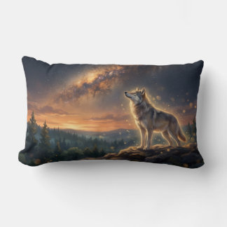 Lone Wolf Under The Starry Milky Way Sky Lumbar Cushion