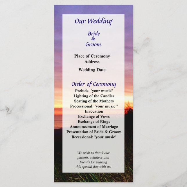 Lonely Beach at Sunrise Norfolk VA Wedding Program Programme (Front)
