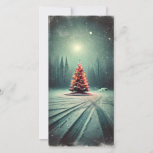 Lonely Bright Christmas Tree Dark Winter Night Holiday Card