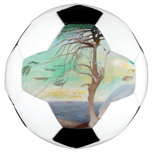 Lonely Cedar Tree Landscape Painting Soccer Ball