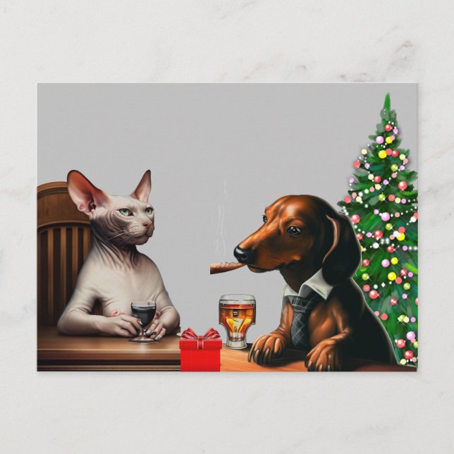 Lonely Christmas Dog and Cat Postcard (Front)