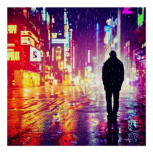 Lonely Cyberpunk In The Rain Glossy Poster