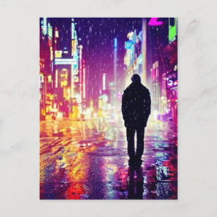 Lonely Cyberpunk In The Rain Postcard