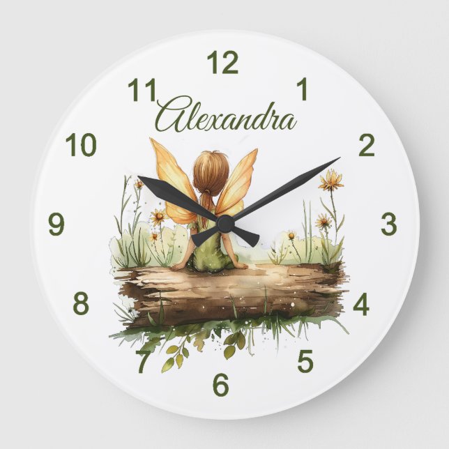Lonely Fairy Sitting on a Log Large Clock (Front)