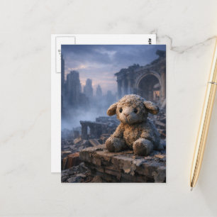 Lonely little stuffed sheep abandoned apocalyptic postcard