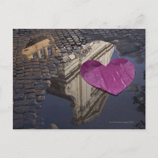 Lonely paper heart floating in a puddle. postcard (Front)