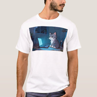 Lonely Pixel Cat with Laptop – Chill Retro Pixel A T-Shirt