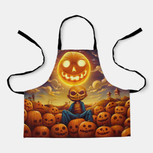 Lonely prison zombie sits surrounded by pumpkins apron