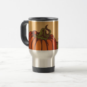 Lonely pumpkin one the field. Autumn leaves fall. Travel Mug
