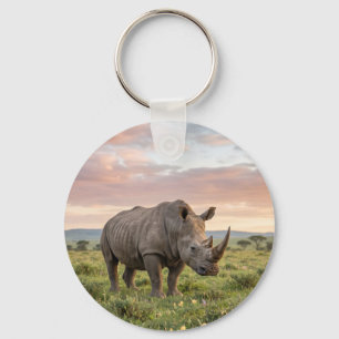 Lonely Rhino In Savanna At Sunset Photo Enlargemen Key Ring