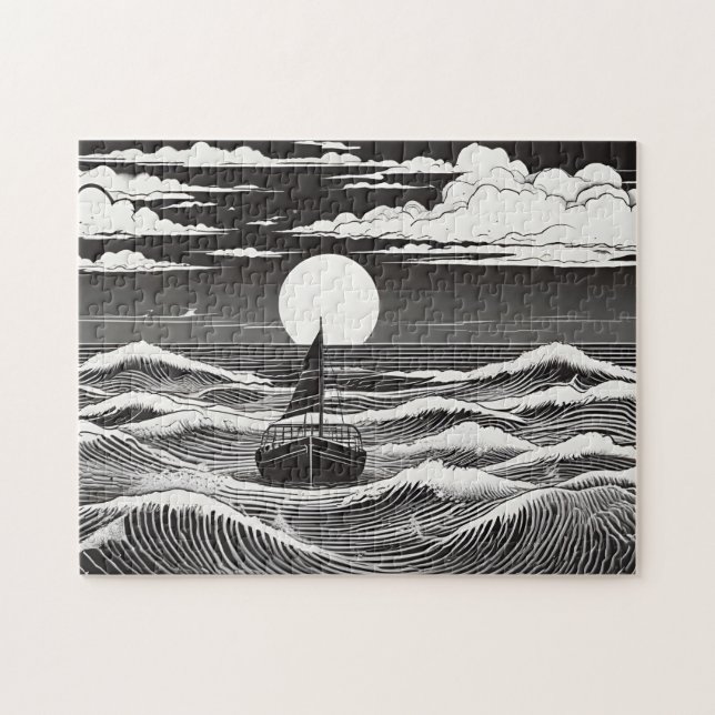 Lonely Sailboat at Night in a Stormy Sea Jigsaw Puzzle (Horizontal)
