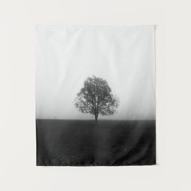 Lonely tree in fog black and white tapestry (Front)