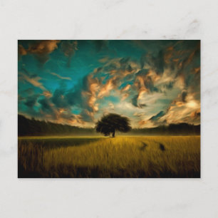 Lonely tree painting postcard