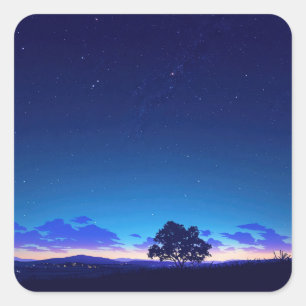 Lonely Tree Silhouette Under Starry Night Sky Square Sticker