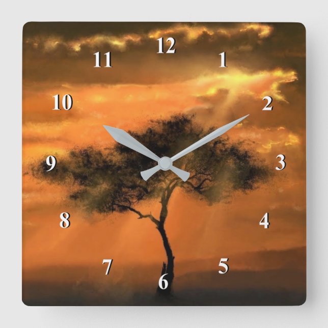 Lonely Tree Sunbeams - Drawing Art Collection Square Wall Clock (Front)