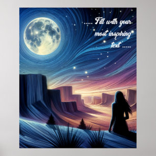 Lonely woman siting looking at the moon poster