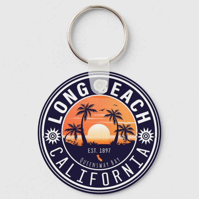 Long Beach Ca Palm Tree Retro Sunset Souvenir 60s Key Ring (Front)