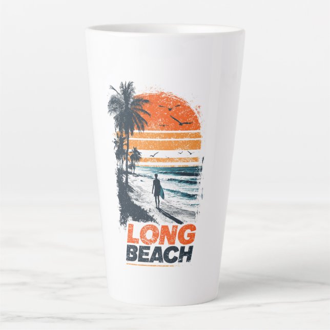 Long Beach California Retro Sunset Palm Tree Beach Latte Mug (Front)