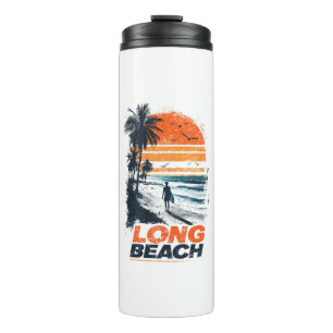 Long Beach California Retro Sunset Palm Tree Beach Thermal Tumbler
