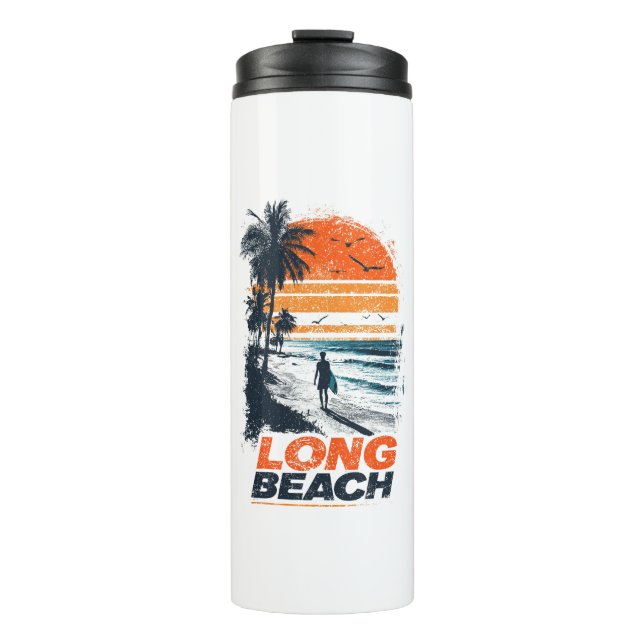 Long Beach California Retro Sunset Palm Tree Beach Thermal Tumbler (Front)
