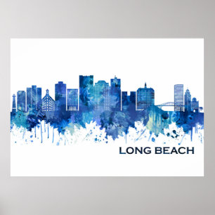 Long Beach California Skyline Blue Poster