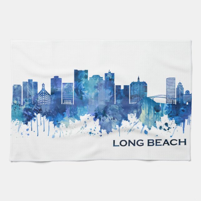 Long Beach California Skyline Blue Tea Towel (Horizontal)