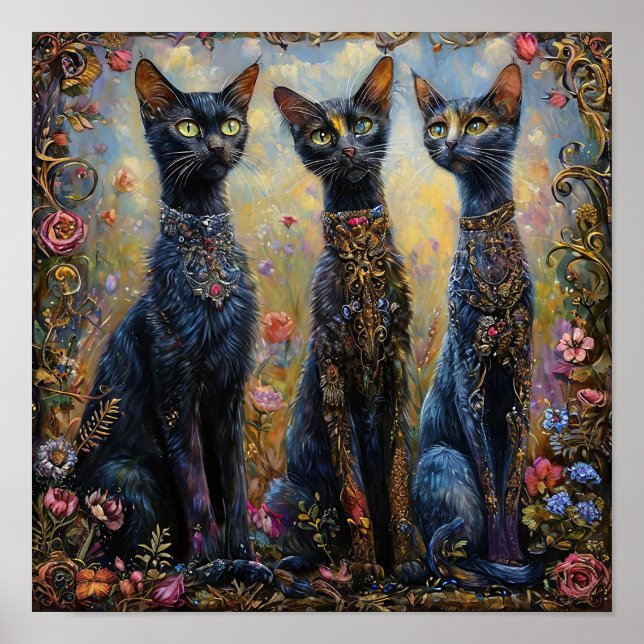 🐈‍⬛ Long Black Cats Among Flowers Aesthetic Poster (Front)