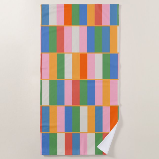 Long Blocks Colourful Checked Pop Pattern Beach Towel (Front)