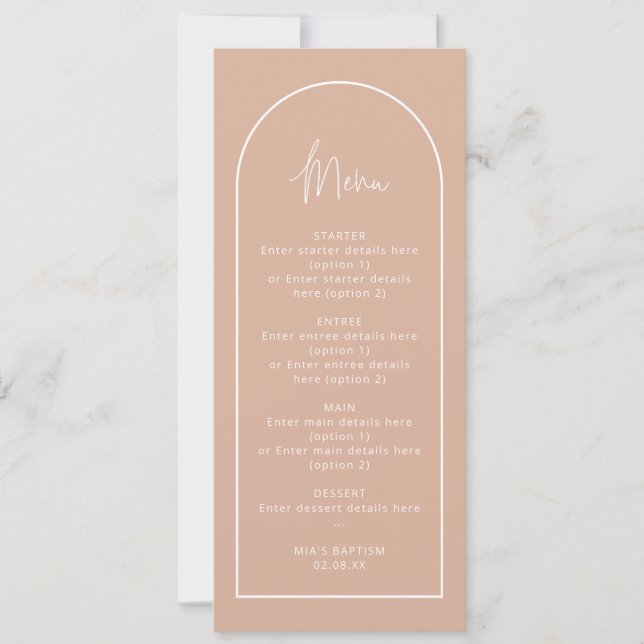 Long Blush Pink Arch Baptism Menu Card (Front)