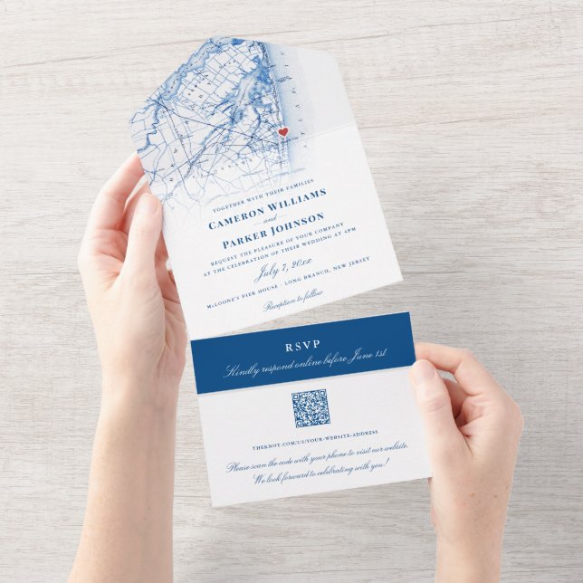 Long Branch New Jersey Map Elegant Navy Wedding All In One Invitation (Tearaway)