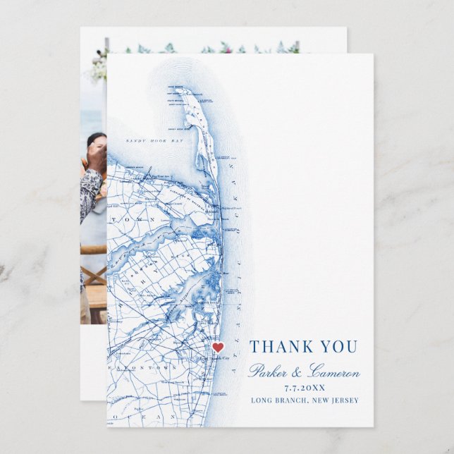 Long Branch New Jersey Map Wedding Photo Flat Thank You Card (Front/Back)