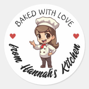 Long Brown Hair Baker Kawaii Baked with Love Classic Round Sticker