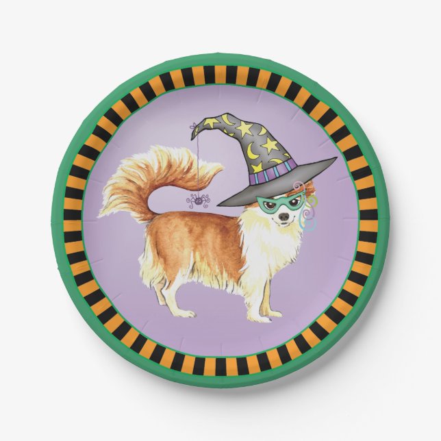Long Coat Chihuahua Witch Paper Plate (Front)