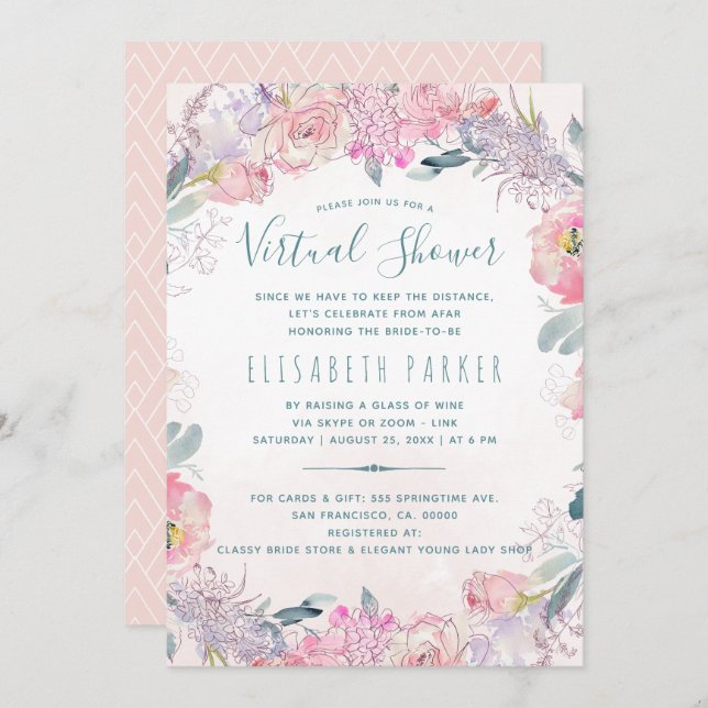 Long distance pink floral virtual bridal shower invitation (Front/Back)