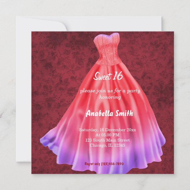 Long dress Sweet 16 (Red) Invitation (Front)