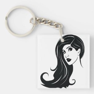 Long Hair Beautiful Woman Fashion Art Key Ring