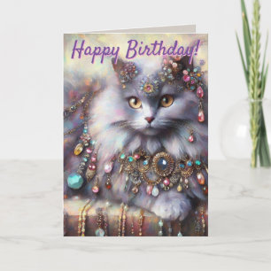 Long Hair Cat Jewels Personalised Birthday Card