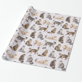 Long Hair Cat Purple Gingham Watercolor Gift Wrap