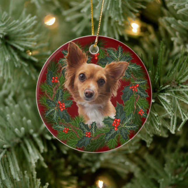 Long hair Chihuahua Dog Christmas  Xmas wreath red Ceramic Tree Decoration (Tree)