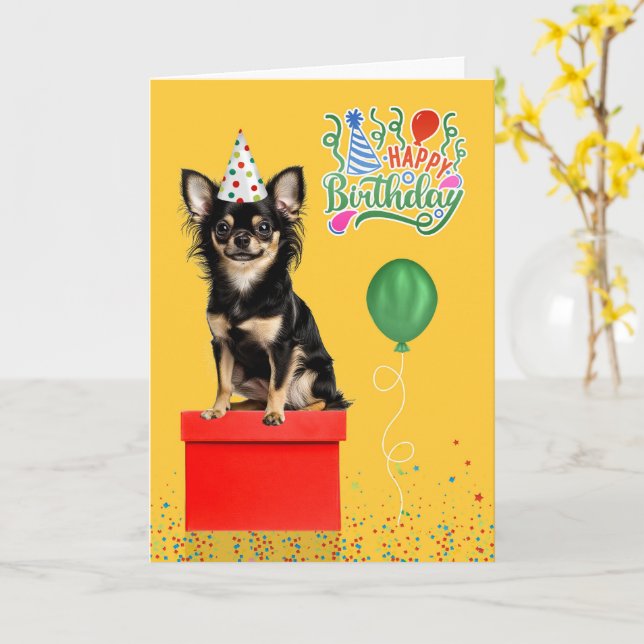 Long Hair Chihuahua Dog Party Hat Yellow Birthday Card (Yellow Flower)
