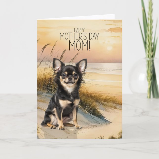 Long Hair Chihuahua Dog Sunset Beach Mother's Day Holiday Card (Front)