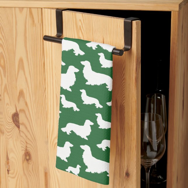Long Hair Dachshund Forest Green Kitchen Towel (Thirds Fold)