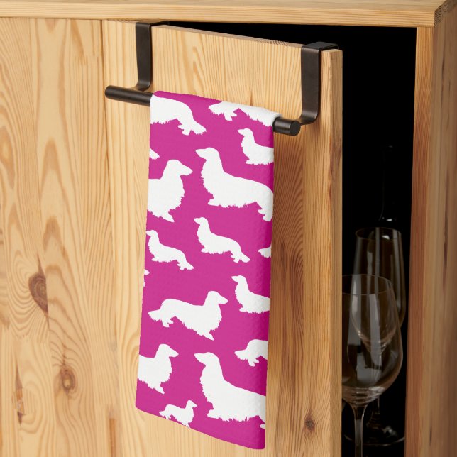 Long Hair Dachshund Hot Pink Kitchen Towel (Thirds Fold)