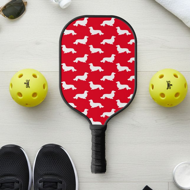 Long Hair Dachshund Loving Pickleball Red  Pickleball Paddle (Long hair wiener dog - red pickleball paddle)