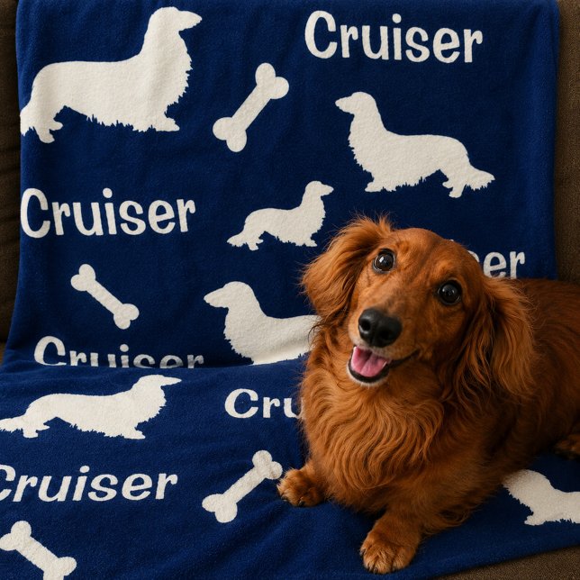 Long Hair Dachshund Personalised Navy Blanket  (Long hair dachshund blanket dark blue)