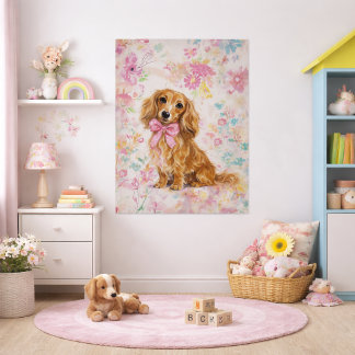 Long Hair Dachshund Watercolor Pastel Floral  Poster