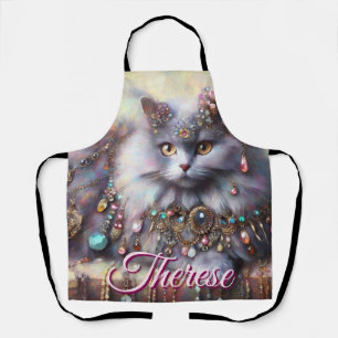 Long Hair Grey Cat w/Jewels Gemstones Personalised Apron
