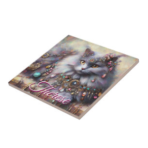 Long Hair Grey Cat w/Jewels Gemstones Personalised Tile