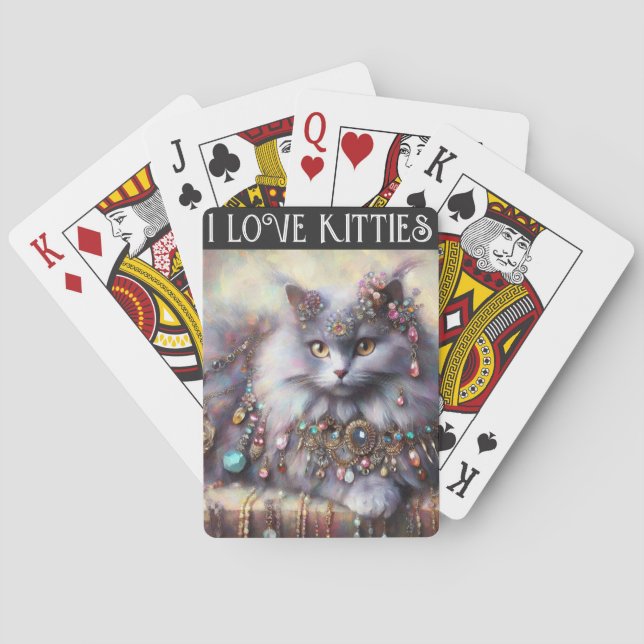 Long Hair Grey Cat w/Jewels I Love Kitties Playing Cards (Back)