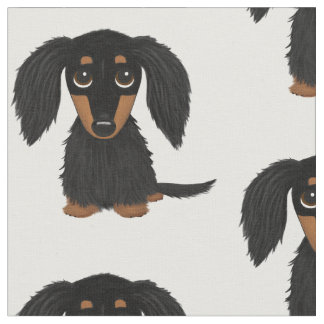 Long Haired Black and Tan Dachshund Cartoon Dog Fabric